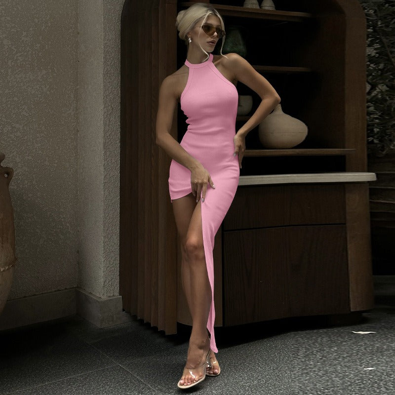 Sexy Sleeveless Backless Dress with Split Neck and Halter Design - The Cool Collective AU