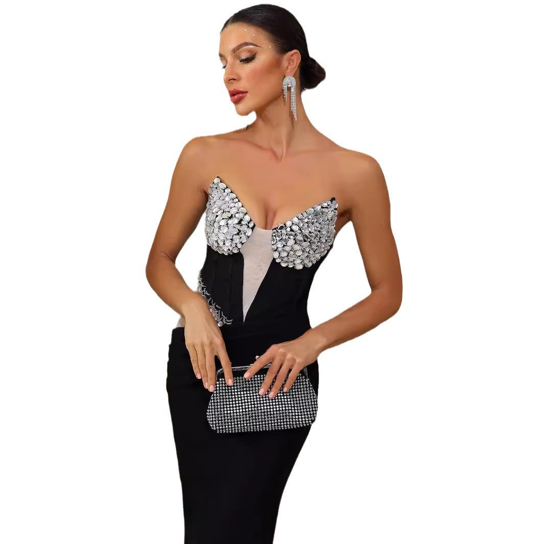 Sexy V-Neck Diamond Mesh Backless Bandage Dress for Evening - The Cool Collective AU