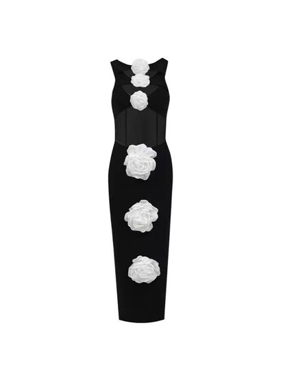 Elegant Women's Black Formal Bandage Dress with Sophisticated White Floral Embellishments - The Cool Collective AU