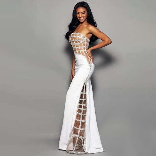 Off-Shoulder White Sequin Mesh Evening Dress – Slim Fit, Floor-Length - The Cool Collective AU