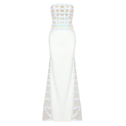Off-Shoulder White Sequin Mesh Evening Dress – Slim Fit, Floor-Length - The Cool Collective AU