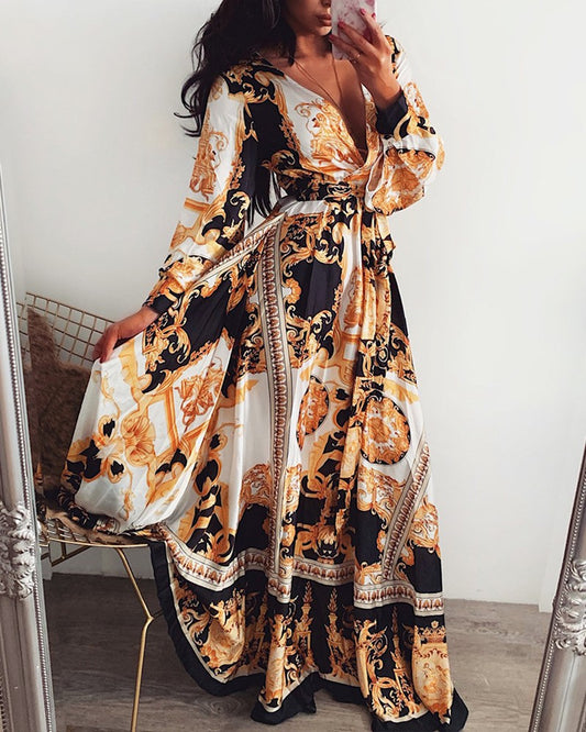 Retro V-Neck Long Sleeve Evening Dress with Skirt for Women - The Cool Collective AU