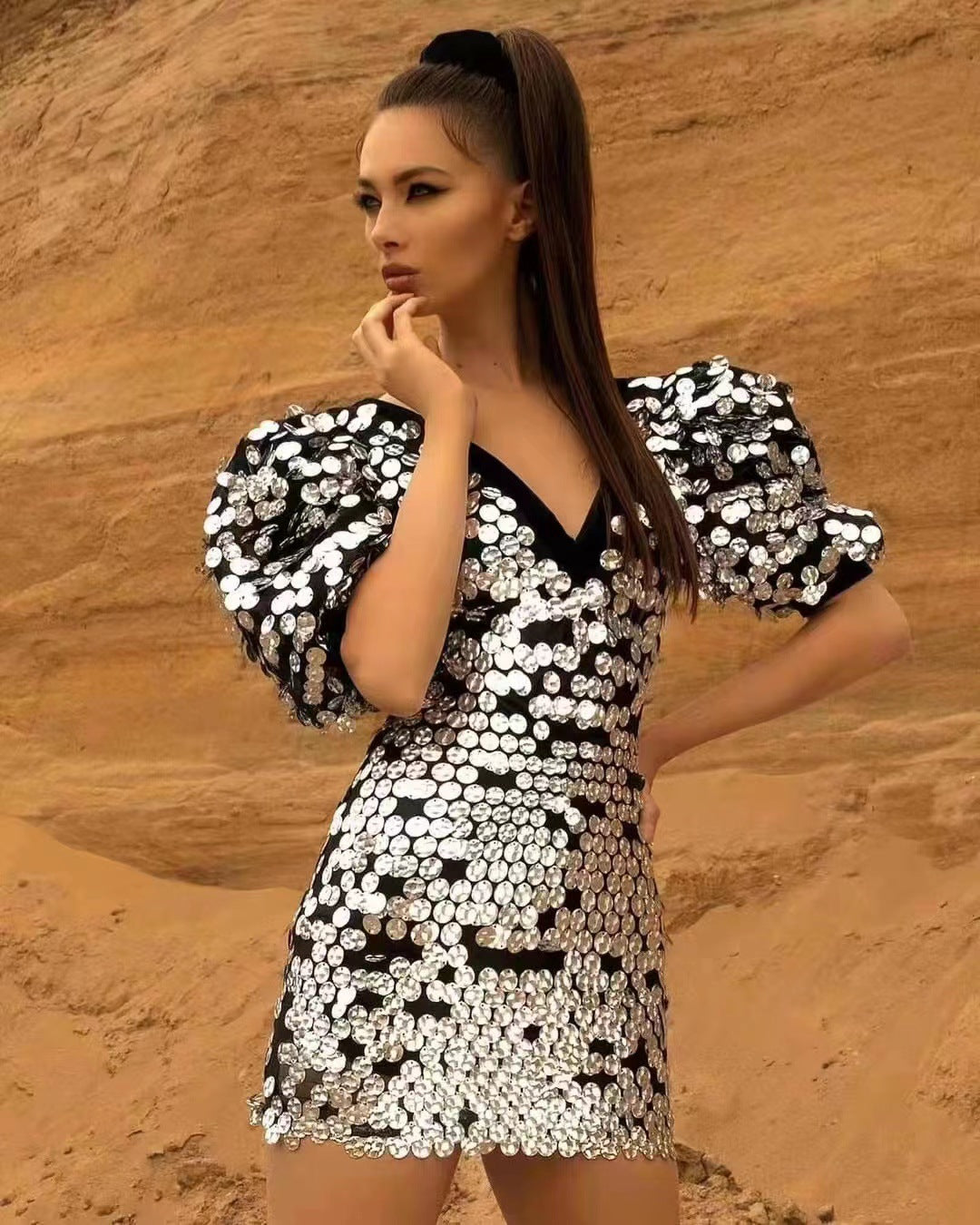 Silver Sequin Mini Dress, V-Neck, Short Sleeve, Trendy Evening Party Wear - The Cool Collective AU