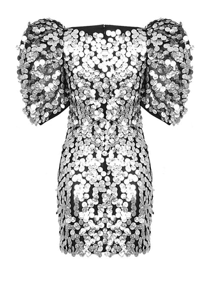 Silver Sequin Mini Dress, V-Neck, Short Sleeve, Trendy Evening Party Wear - The Cool Collective AU