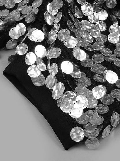 Silver Sequin Mini Dress, V-Neck, Short Sleeve, Trendy Evening Party Wear - The Cool Collective AU