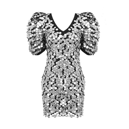 Silver Sequin Mini Dress, V-Neck, Short Sleeve, Trendy Evening Party Wear - The Cool Collective AU