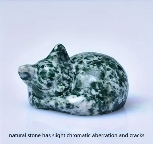 Spotted Green Bare Stone Crystal Sleeping Cat - Mineral Specimen & Home Decor Gift - The Cool Collective AU