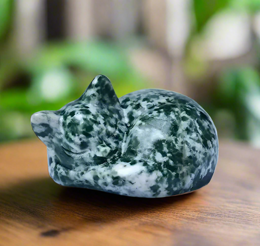 Spotted Green Bare Stone Crystal Sleeping Cat - Mineral Specimen & Home Decor Gift - The Cool Collective AU