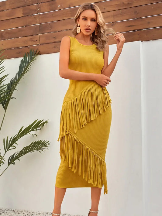 Summer yellow tassel dress hip wrap dress bandage dress - The Cool Collective AU