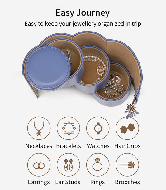 Purple Travel Jewelry Case: 3-Layer PU Cylinder Organizer for Necklaces, Earrings, Gifts for Travelers & Jewelry Lovers