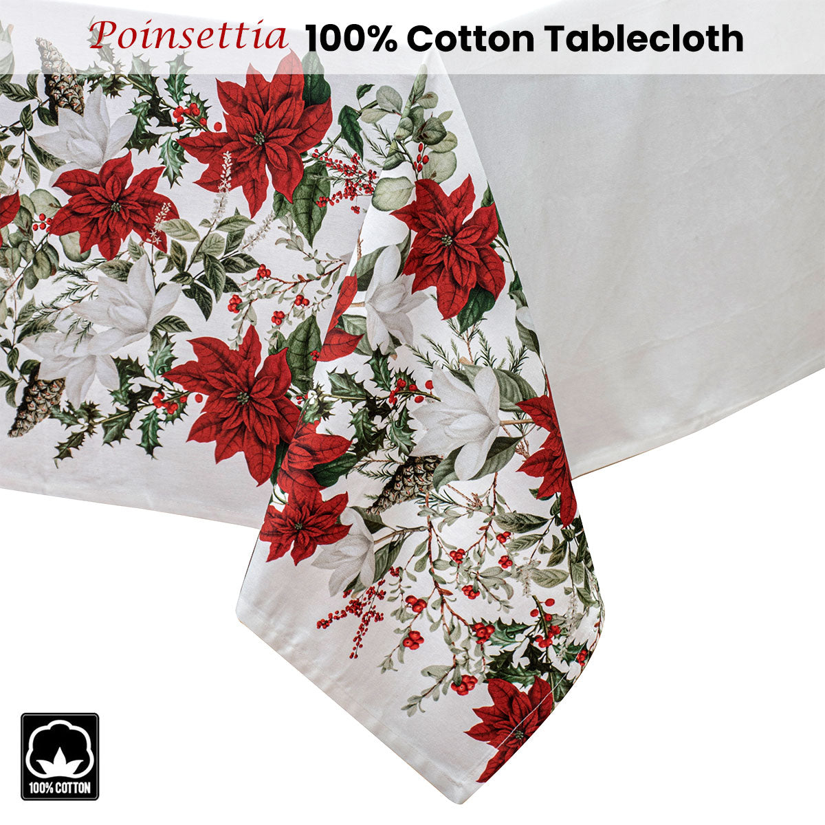 100% Cotton Ashdene Poinsettia Festive Christmas Holiday Tablecloth 150 x 300 cm - The Cool Collective AU