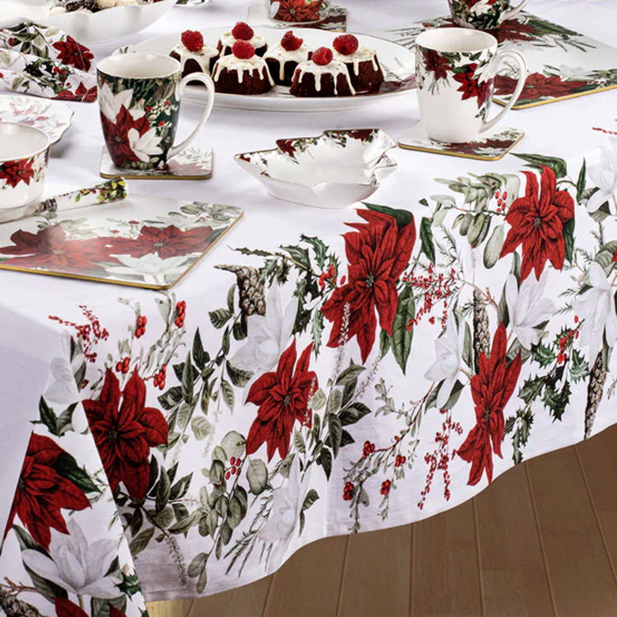 100% Cotton Ashdene Poinsettia Festive Christmas Holiday Tablecloth 150 x 300 cm - The Cool Collective AU