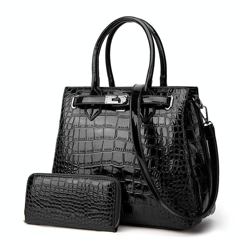 Large Capacity 2-in-1 Crocodile Patent Leather Shoulder Bag - Wine Red
