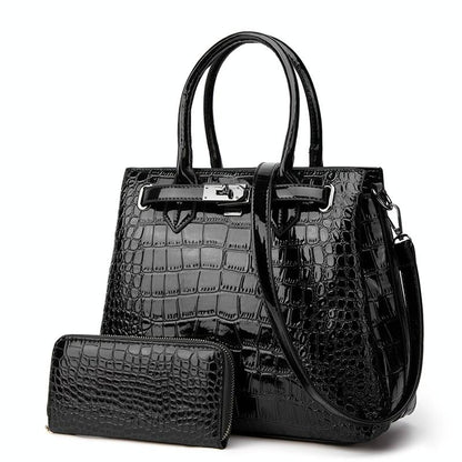 Large Capacity 2-in-1 Crocodile Patent Leather Shoulder Bag - Wine Red