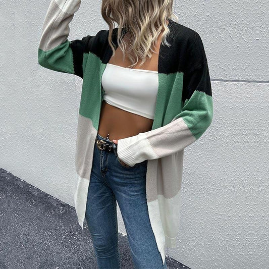 Long Cardigan Open Front Colour Block Cardigan Knit Sweaters Green - M