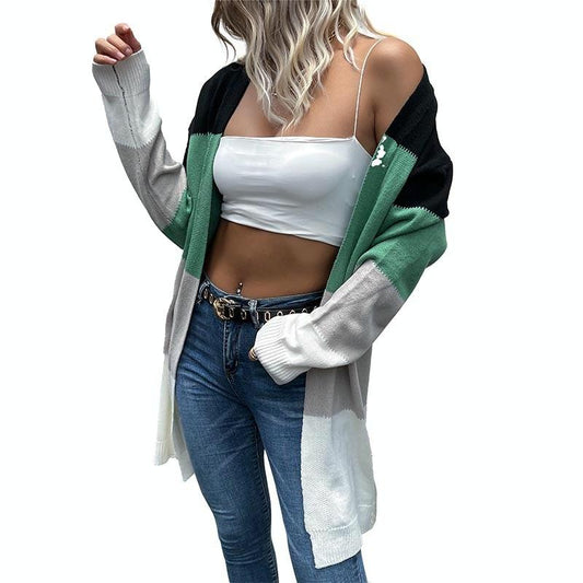 Long Cardigan Open Front Colour Block Cardigan Knit Sweaters Green - M