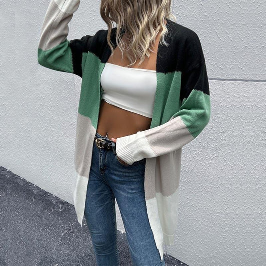 Long Cardigan Open Front Colour Block Cardigan Knit Sweaters Green - L
