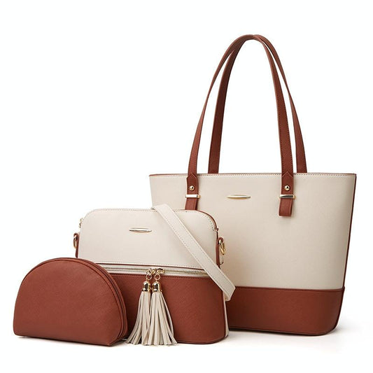 Large Capacity Fashion Handbag with Diagonal Design and Letter Detail - White Brown