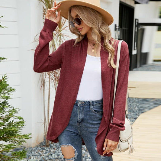 Women Mid-Length Sweater Jacket Temperament Loose Knitted Cardigan - Wine Red - S