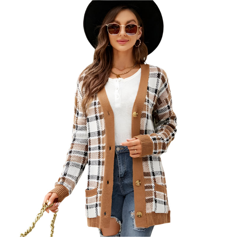 Autumn And Winter Female Diamond Loose Knitted Cardigan Jacquard Medium-Length Sweater Jacket - Brown - S