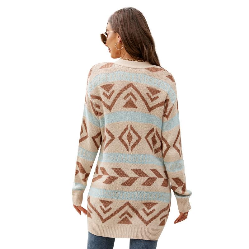 Autumn And Winter Female Diamond Loose Knitted Cardigan Jacquard Medium-Length Sweater Jacket - Brown - S