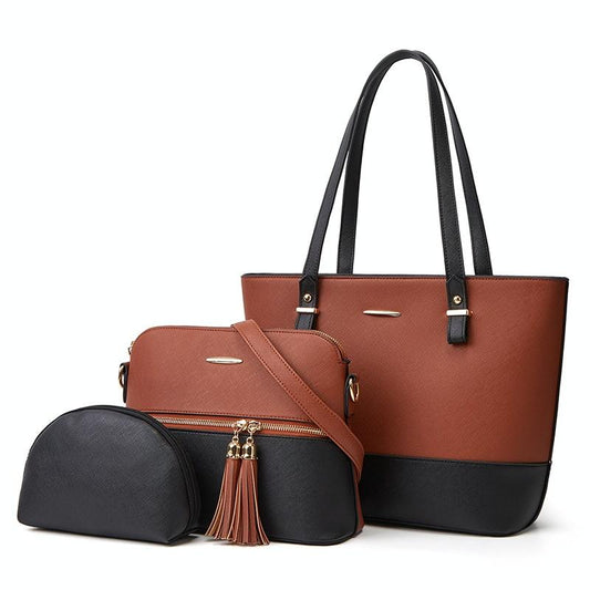 Large Capacity Fashion Handbag with Diagonal Design and Letter Detail - Brown Black