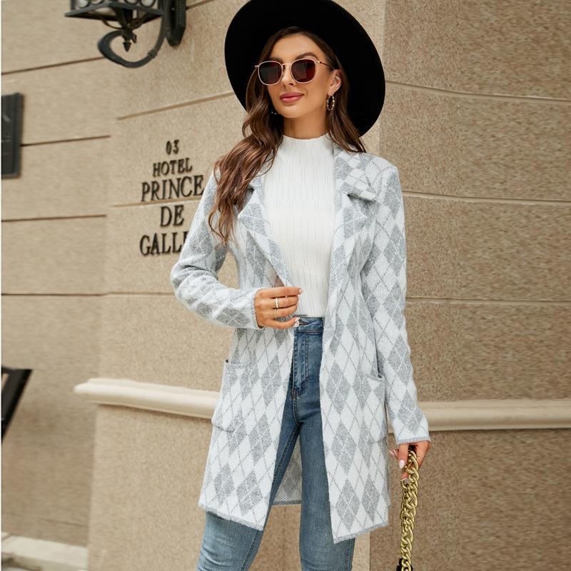 Autumn And Winter Long Sweater Collision Colour Knitted Cardigan Trench Coat - Dark Grey - M
