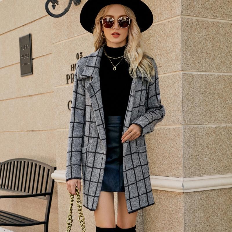 Autumn And Winter Long Sweater Collision Colour Knitted Cardigan Trench Coat - Dark Grey - M