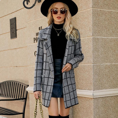 Autumn And Winter Long Sweater Collision Colour Knitted Cardigan Trench Coat - Dark Grey - M