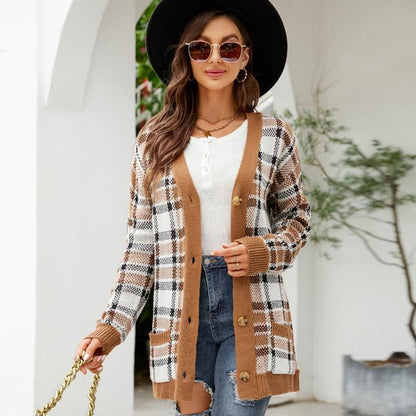 Autumn And Winter Female Diamond Loose Knitted Cardigan Jacquard Medium-Length Sweater Jacket - Brown - L