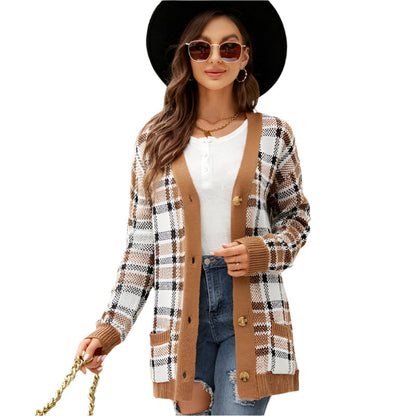 Autumn And Winter Female Diamond Loose Knitted Cardigan Jacquard Medium-Length Sweater Jacket - Brown - L