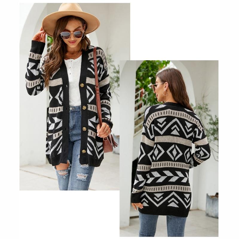 Autumn And Winter Female Diamond Loose Knitted Cardigan Jacquard Medium-Length Sweater Jacket - Brown - L