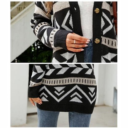 Autumn And Winter Female Diamond Loose Knitted Cardigan Jacquard Medium-Length Sweater Jacket - Brown - L