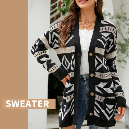 Autumn And Winter Female Diamond Loose Knitted Cardigan Jacquard Medium-Length Sweater Jacket - Brown - L