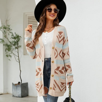Autumn And Winter Female Diamond Loose Knitted Cardigan Jacquard Medium-Length Sweater Jacket - Brown - L