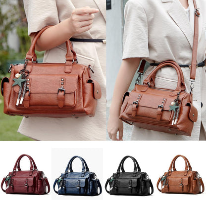 Large Capacity Crossbody Shoulder Bag in Pebbled Leather - Brown