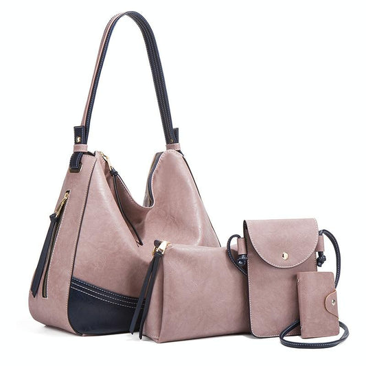 Large Capacity Diagonal Handbags - 4 in 1 Colour Block Leather Bags - Pink