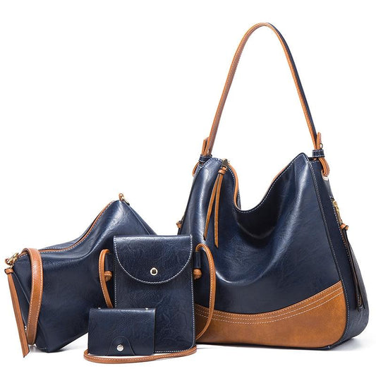 Large Capacity Diagonal Handbags - 4 in 1 Colour Block Leather Bags - Brown