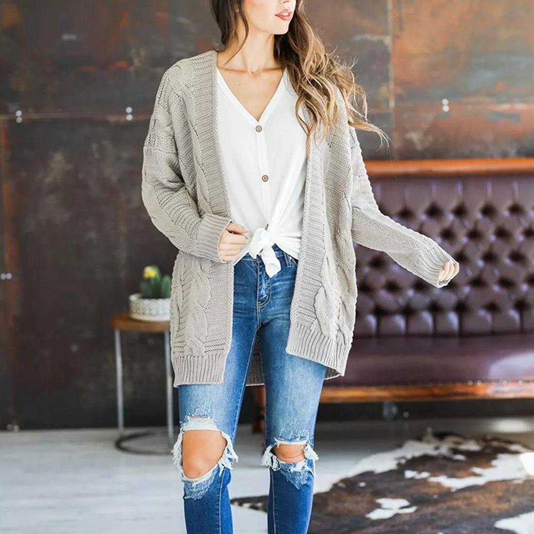 Mid-Length Style Solid Colour Thick Thread Twist Cardigan Knit Sweater Grey - S - Yellow