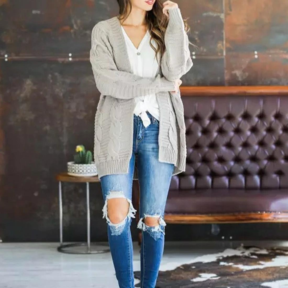 Mid-Length Style Solid Colour Thick Thread Twist Cardigan Knit Sweater Grey - S - Yellow