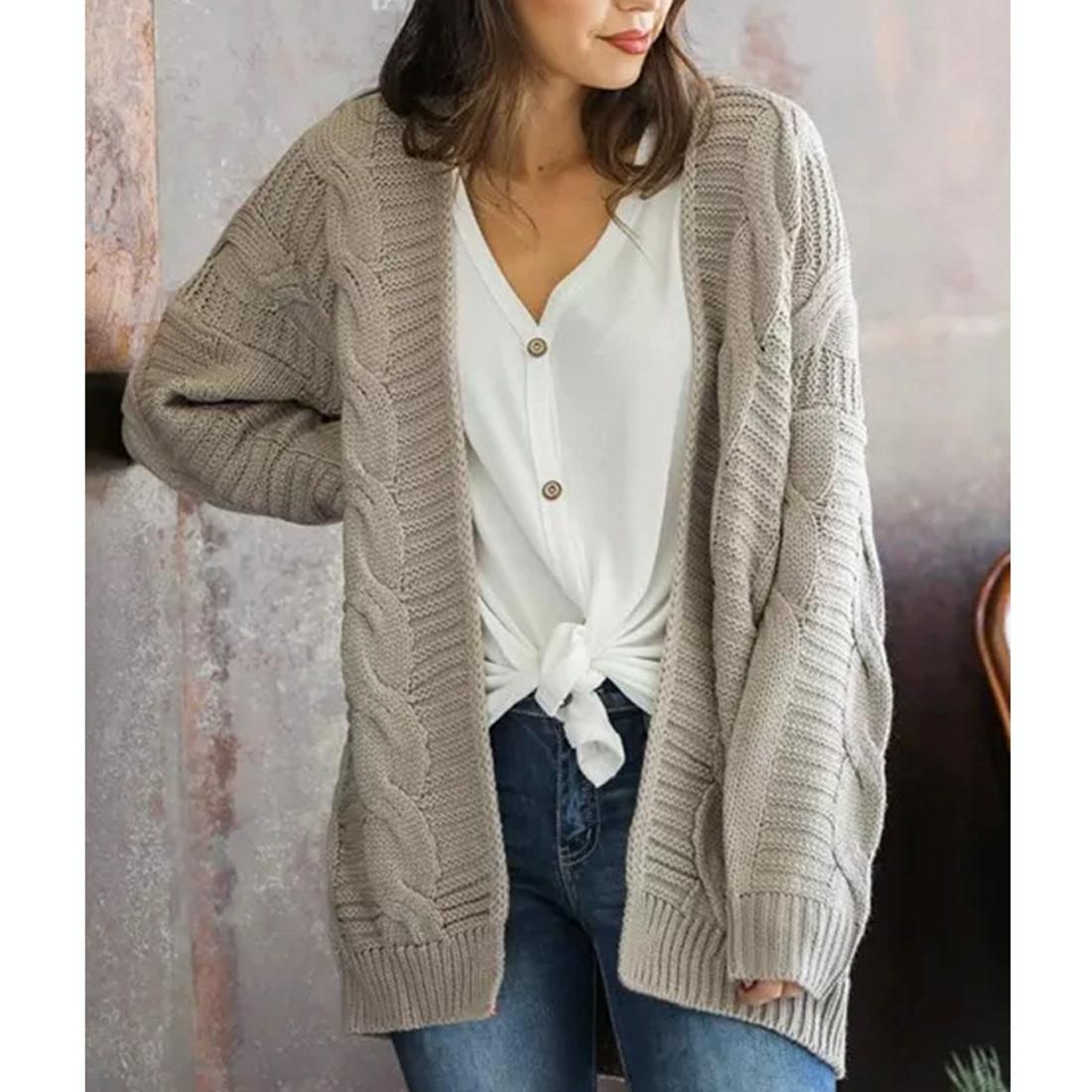 Mid-Length Style Solid Colour Thick Thread Twist Cardigan Knit Sweater Grey - S - Yellow