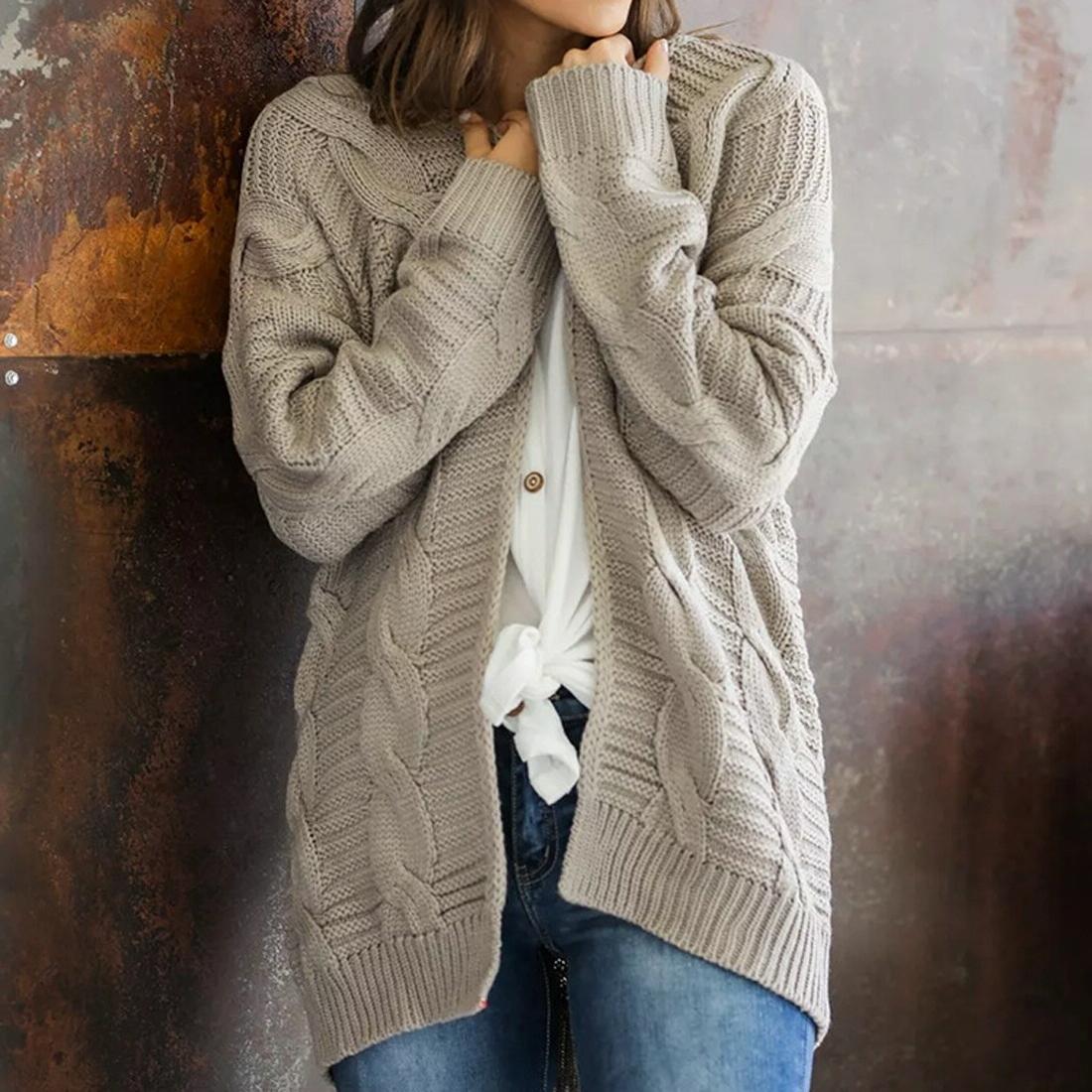 Mid-Length Style Solid Colour Thick Thread Twist Cardigan Knit Sweater Grey - S - Yellow