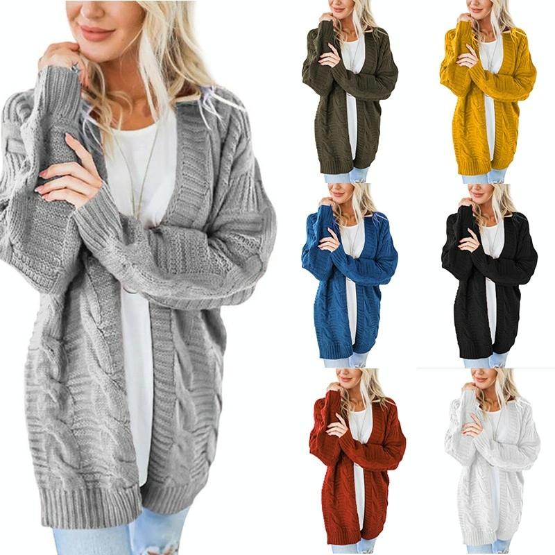 Mid-Length Style Solid Colour Thick Thread Twist Cardigan Knit Sweater Grey - S - Yellow