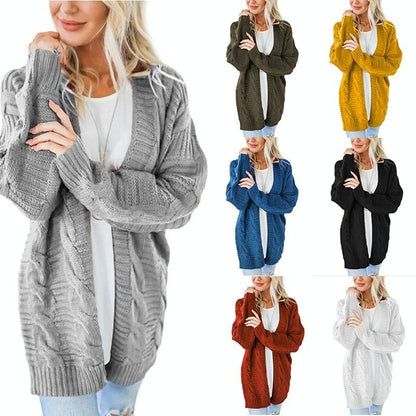 Mid-Length Style Solid Colour Thick Thread Twist Cardigan Knit Sweater Grey - S - Yellow