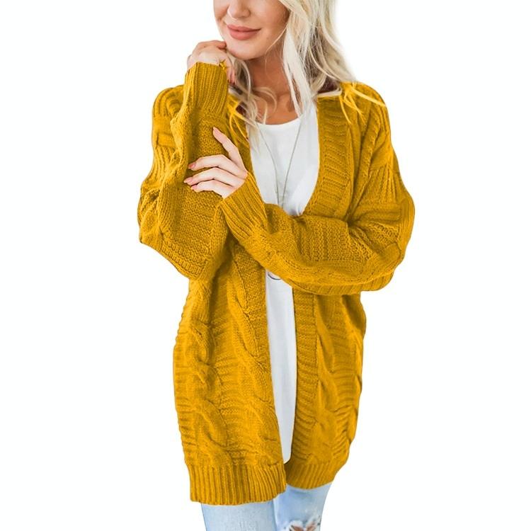 Mid-Length Style Solid Colour Thick Thread Twist Cardigan Knit Sweater Grey - S - Yellow