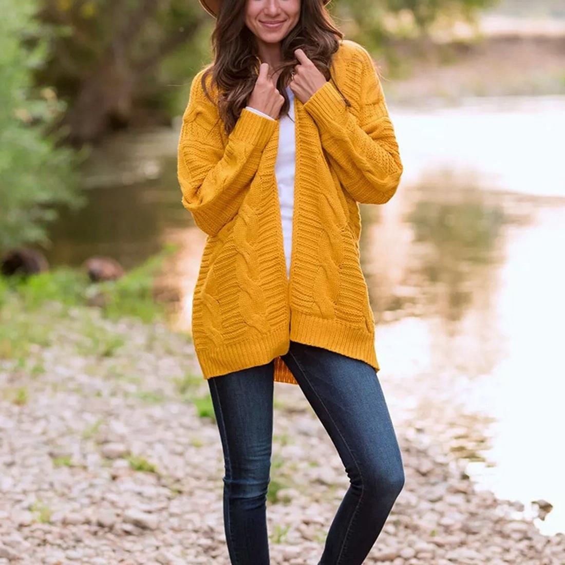 Mid-Length Style Solid Colour Thick Thread Twist Cardigan Knit Sweater Grey - S - Yellow
