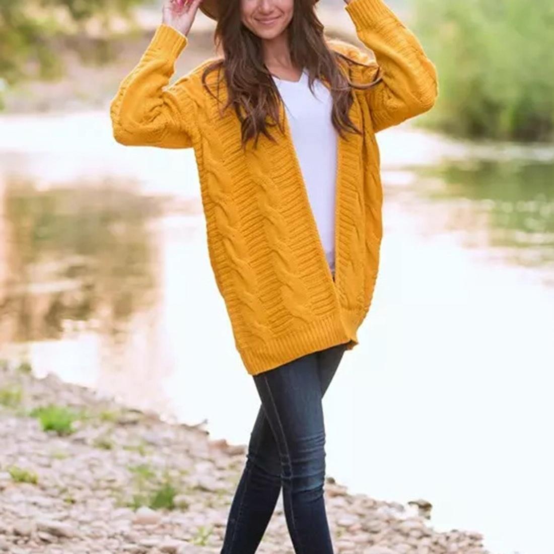 Mid-Length Style Solid Colour Thick Thread Twist Cardigan Knit Sweater Grey - S - Yellow