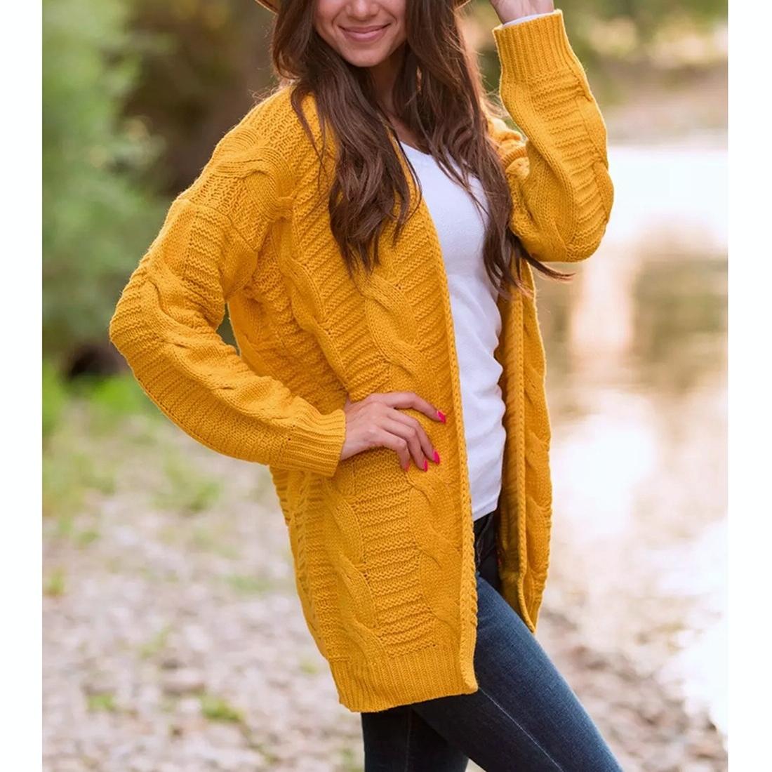 Mid-Length Style Solid Colour Thick Thread Twist Cardigan Knit Sweater Grey - S - Yellow