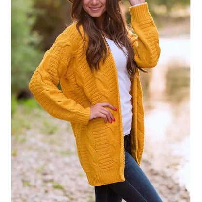 Mid-Length Style Solid Colour Thick Thread Twist Cardigan Knit Sweater Grey - S - Yellow