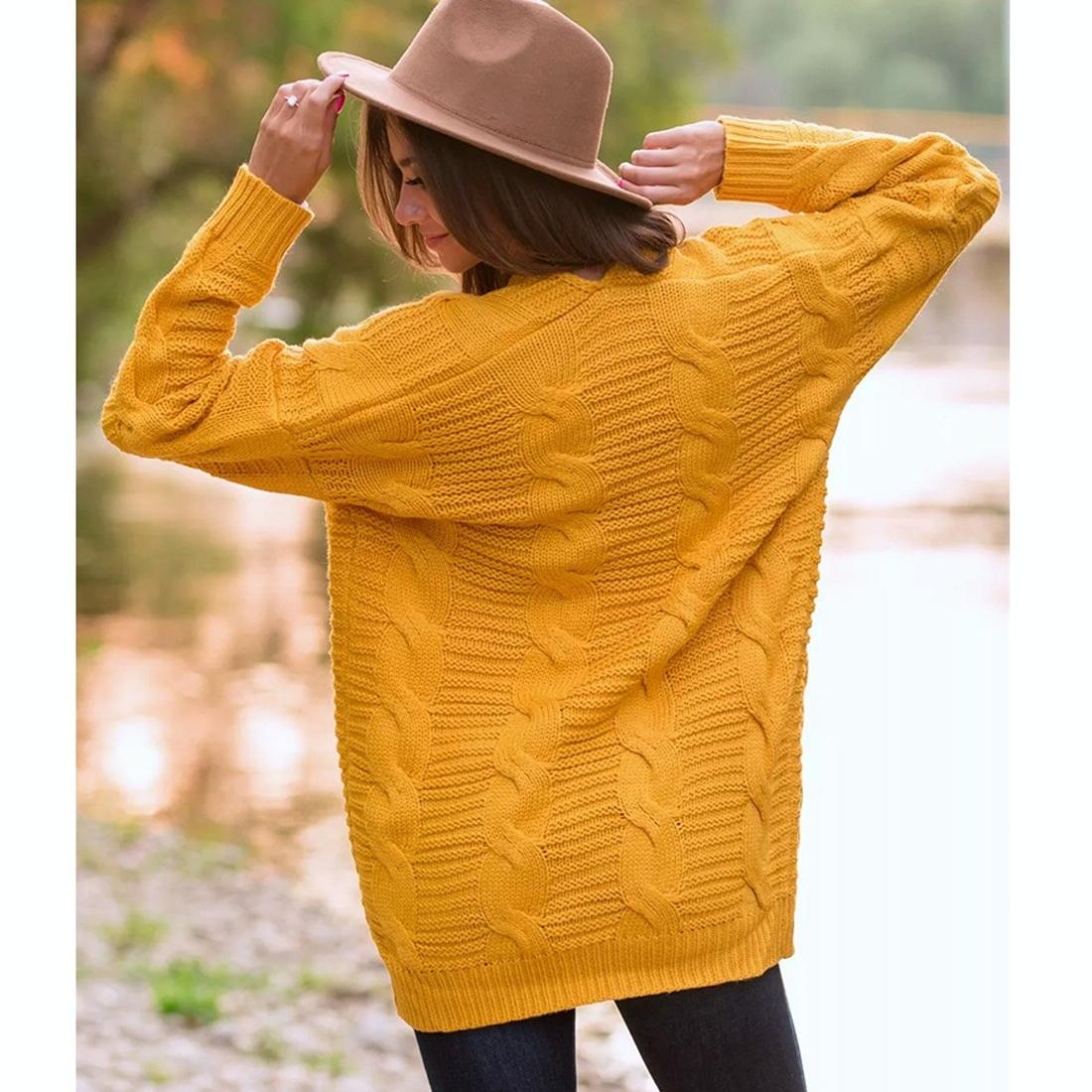 Mid-Length Style Solid Colour Thick Thread Twist Cardigan Knit Sweater Grey - S - Yellow